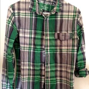 Long-sleeved Gray & Green Plaid Button-Up